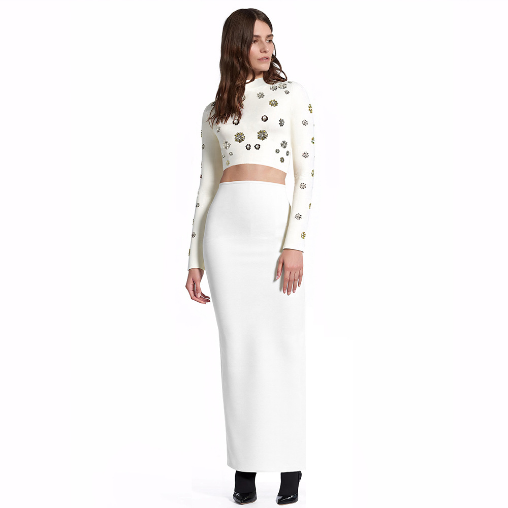 Cross border European and American new two-piece women's fashion color diamond nail bead long sleeved top long skirt bandage set