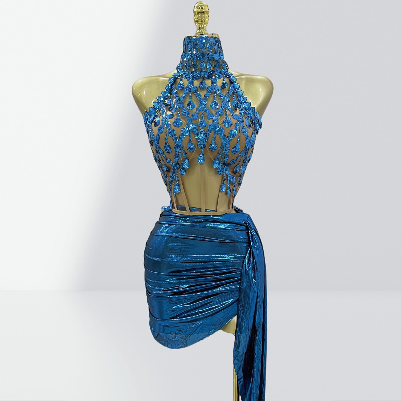 Peacock Blue Water Diamond Sexy Perspective Hanging Neck Top, Hip Wrapping Skirt Set, Fashionable Hot Party Performance Dress Peacock Blue Water Diamond Sexy Perspective Hanging Neck Top, Hip Wrapping Skirt Set, Fashionable Hot Party Performance Dress