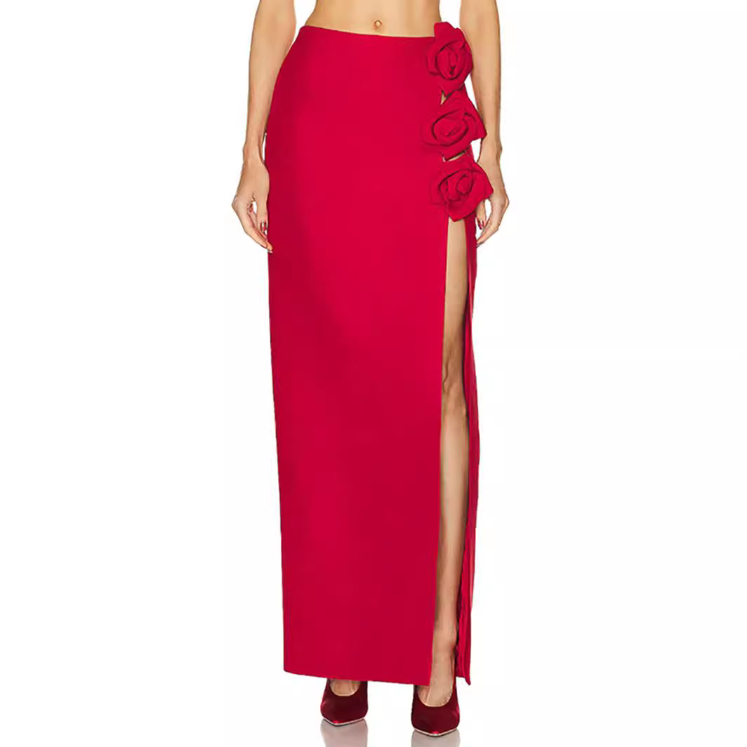 2024 new red three-dimensional flower high slit long skirt, half body skirt, European and American foreign trade bandage skirt, sexy women's clothing