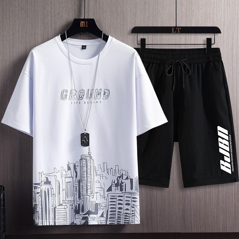 Short sleeved suit men's summer Korean version new fashion trend printed shorts for teenagers two-piece set