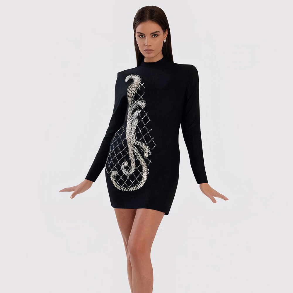 New European and American long sleeved dress, heavy-duty high neck slimming women's bandage dress, hip wrap, dinner party dress