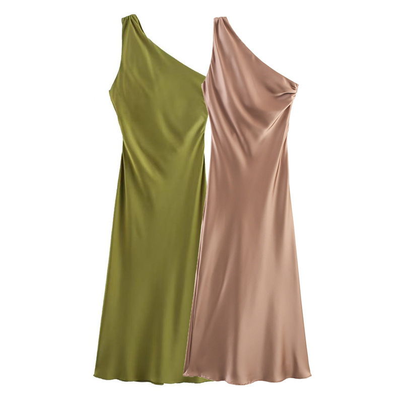 Foreign Trade 2025 Autumn New European and American Style Women's Fashion Sexy Spicy Girl Asymmetric Silk Texture Dress