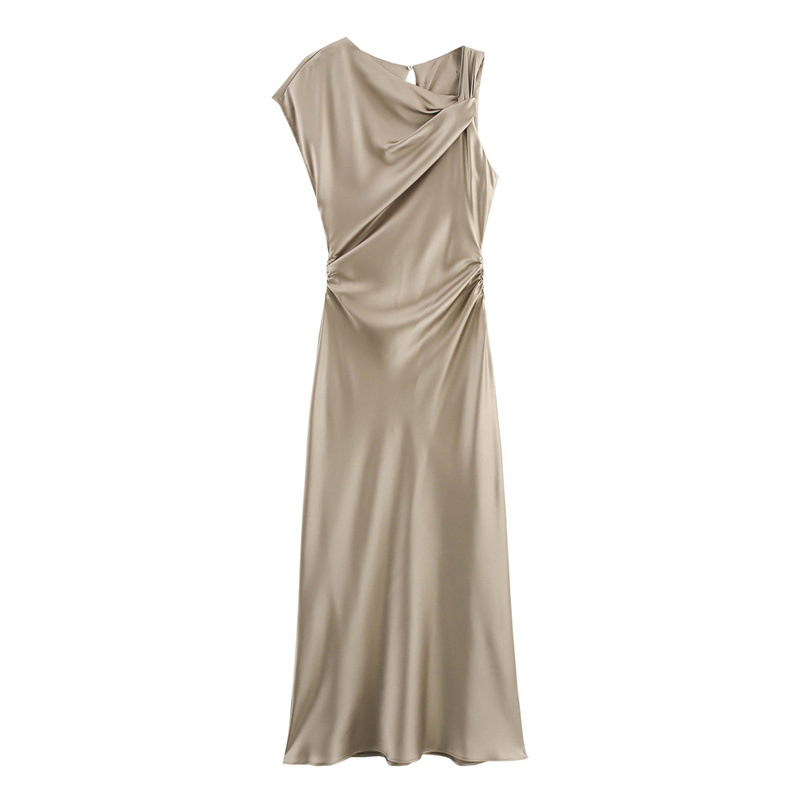 Foreign Trade 2025 Spring/Summer New European and American Style Women's Fashion Temperament Folded Silk Texture Dress 2248748