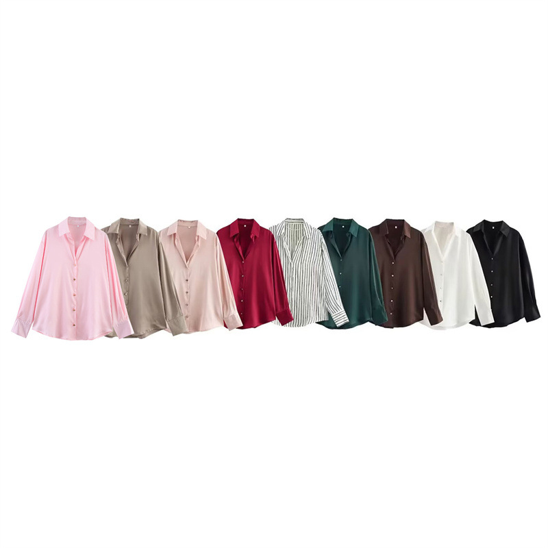 Foreign Trade 2025 Spring/Summer New European and American Style Women's Fashion Versatile Single breasted Silk Texture Shirt 2074580