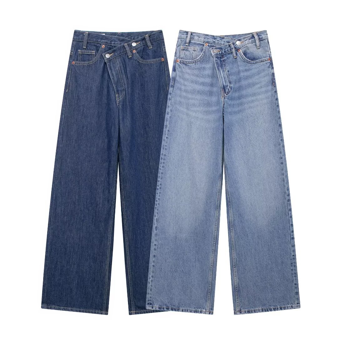 Foreign Trade 2025 Spring New Women's Clothing European and American Style Personalized Fashion Double breasted Pants with Thin Waist, High Waist, Wide Leg Jeans Foreign Trade 2025 Spring New Women's Clothing European and American Style Personalized Fashion Double breasted Pants with Thin Waist, High Waist, Wide Leg Jeans