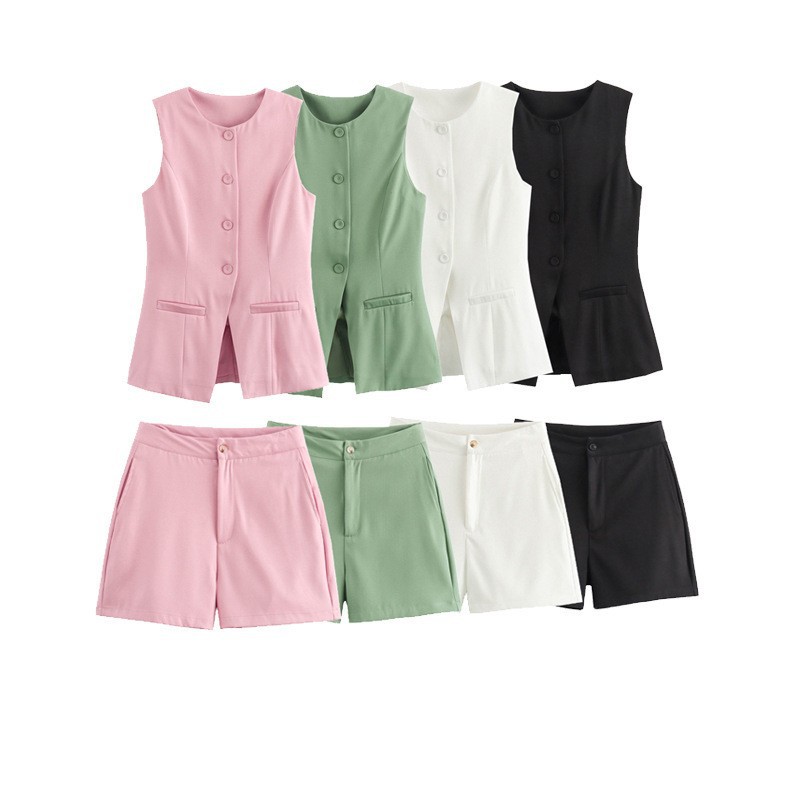 Foreign Trade 2025 Spring New Women's Clothing European and American Style V-neck Single breasted Slimming Vest+Shorts Fashion Set