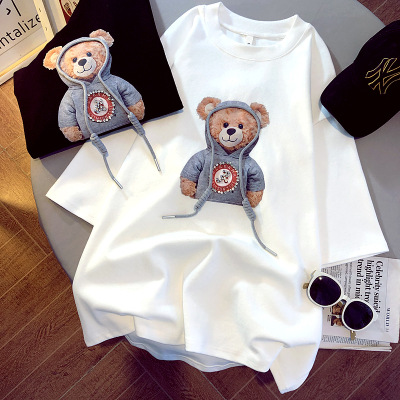 2022 Korean version new summer teddy bear round neck short sleeved women's T-shirt loose, medium to long style for students to wear inside and outside