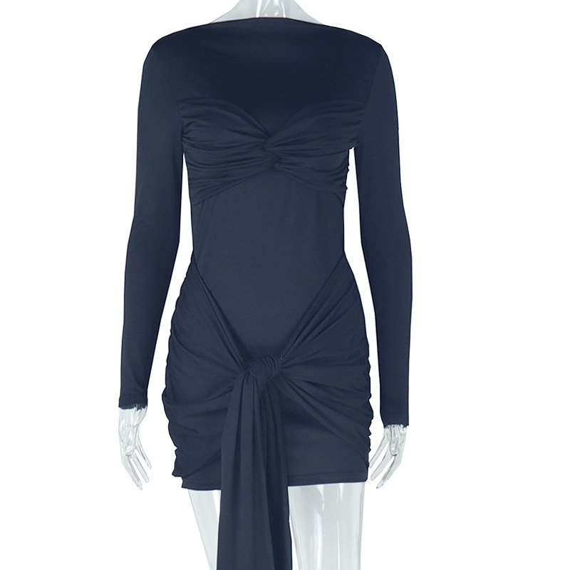 European and American style cross-border women's clothing elegant and fashionable patchwork solid color lace up skirt, long sleeved round neck high waist short dress European and American style cross-border women's clothing elegant and fashionable patchwork solid color lace up skirt, long sleeved round neck high waist short dress