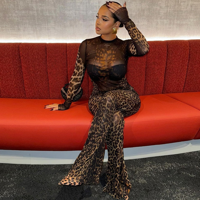 European and American style foreign trade slim fit slightly transparent women's fashion leopard print pants set long sleeved high neck top long pants trendy two-piece set