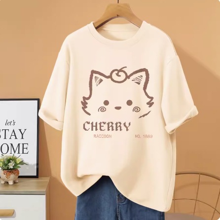 2024 New Spring and Summer Cartoon Round Neck Short Sleeve T-shirt for Women, Loose and Versatile, Medium to Long, Student Half Sleeve Top, Trendy