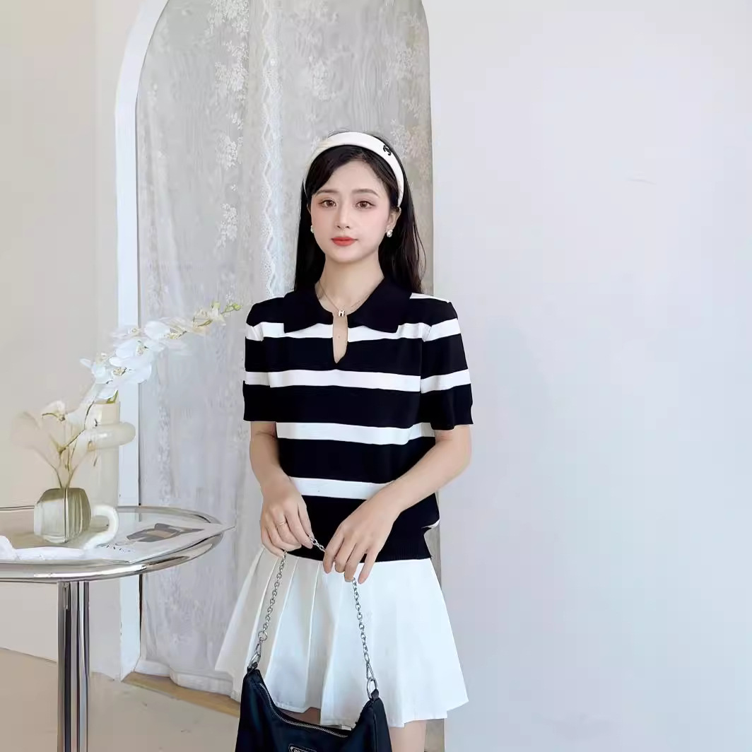 Summer 2025 new retro striped POLO collar short sleeved T-shirt for women's short and versatile knitwear top trend