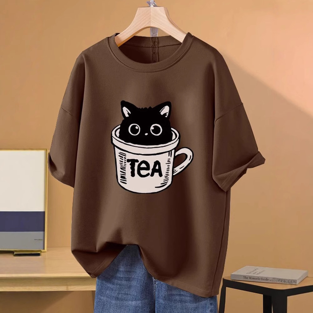 Short sleeved t-shirt women's cartoon 2025 summer new item, fat mm plus size, loose, belly covering, hidden meat half sleeved t-shirt top, trendy