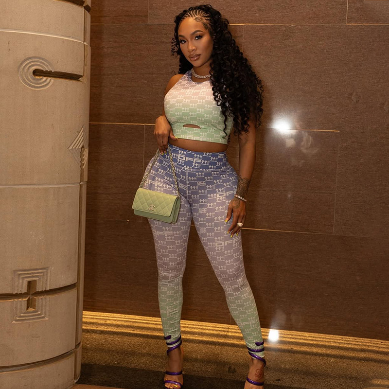 European and American style cross-border sports commuting women's clothing hollowed out slim fit printed pants set, vest top, small leg pants two-piece set