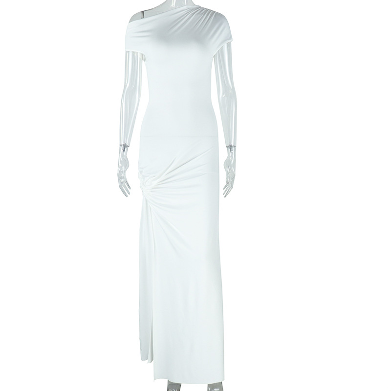 European and American style ins foreign trade women's solid color dress with slanted neck short sleeved sexy irregular slit temperament dress European and American style ins foreign trade women's solid color dress with slanted neck short sleeved sexy irregular slit temperament dress