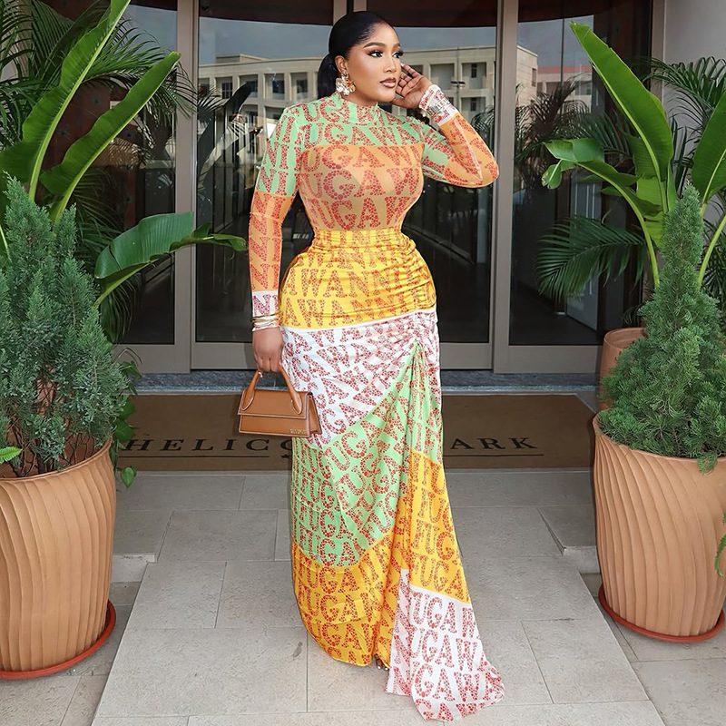 European and American style cross-border printed temperament women's commuting waist bag hip skirt high neck long sleeved patchwork micro transparent dress trendy