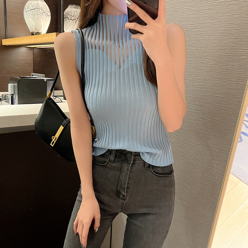 Korean Chic Hollow Knitted Small Tank Top Summer New 2024 Fashionable Design Half High Collar for Women to Look Thin Undercover Korean Chic Hollow Knitted Small Tank Top Summer New 2024 Fashionable Design Half High Collar for Women to Look Thin Undercover