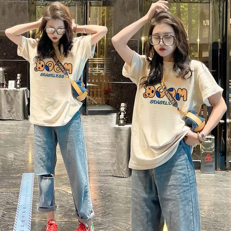 European top 2023 new short sleeved T-shirt for women in summer, mid to long round neck loose print student T-shirt, trendy Instagram