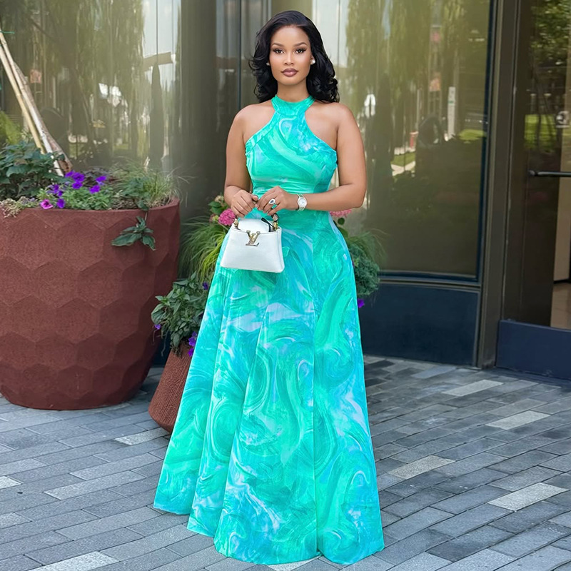 European and American style ins foreign trade elegant women's commuting printed street A-line skirt round neck pleated sleeveless long dress