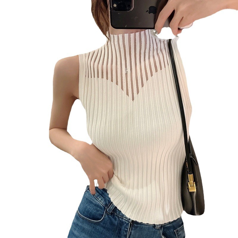Korean Chic Hollow Knitted Small Tank Top Summer New 2024 Fashionable Design Half High Collar for Women to Look Thin Undercover Korean Chic Hollow Knitted Small Tank Top Summer New 2024 Fashionable Design Half High Collar for Women to Look Thin Undercover