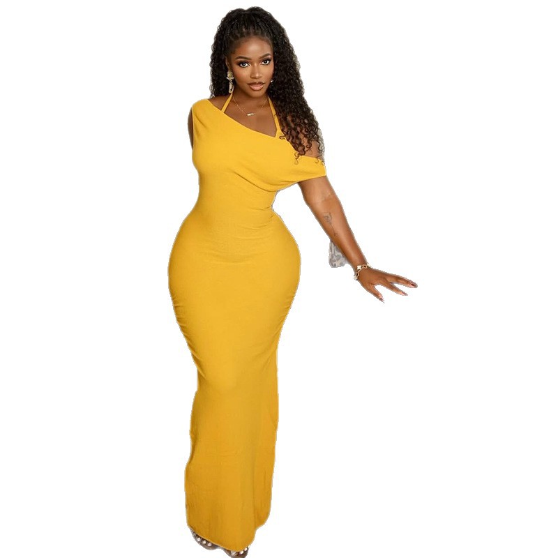 European and American style cross-border temperament women's slim fit, hip hugging, elegant one-step skirt, backless hanging neck, solid color slit long dress European and American style cross-border temperament women's slim fit, hip hugging, elegant one-step skirt, backless hanging neck, solid color slit long dress