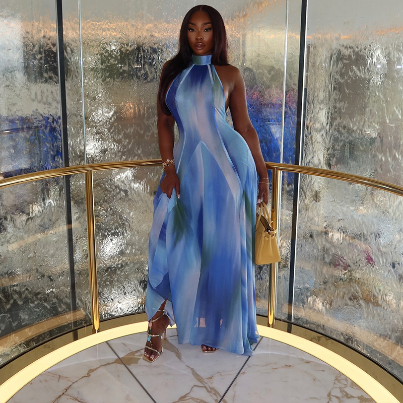 European and American style cross-border elegant and fresh women's printed gradient fairy dress standing collar long sleeved light floating slim fit dress