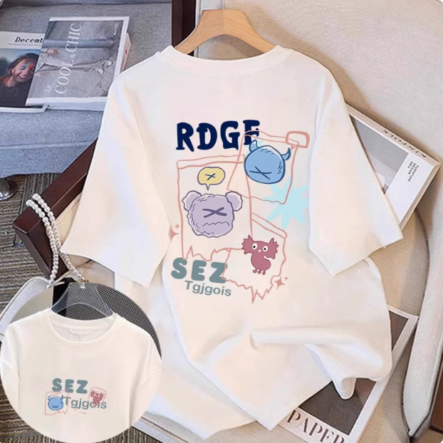 White cartoon short sleeved t-shirt for women in the summer of 2025, with a trendy round neck and loose fit, slimming mid length top