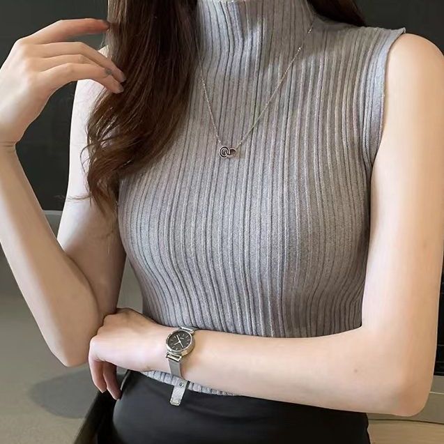 Half high collar base shirt for women in spring and autumn, slim fit, inner vest, short knit shirt, summer sleeveless top, worn outside