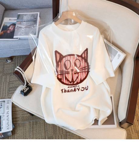 Brushed and thickened cat short sleeved women's 2023 new oversized loose T-shirt top and base shirt trend