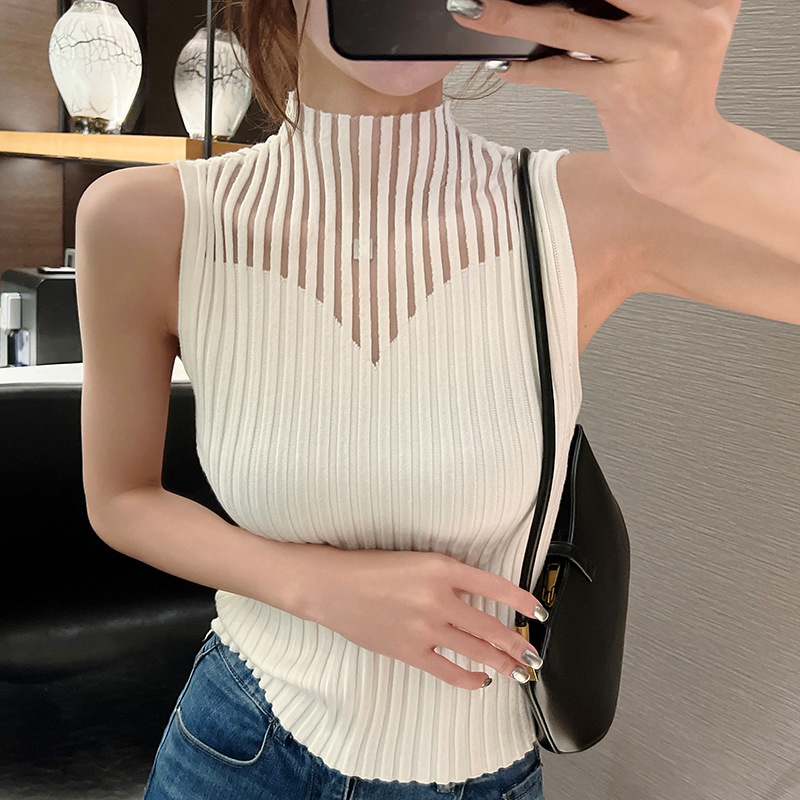 Korean Chic Hollow Knitted Small Tank Top Summer New 2024 Fashionable Design Half High Collar for Women to Look Thin Undercover Korean Chic Hollow Knitted Small Tank Top Summer New 2024 Fashionable Design Half High Collar for Women to Look Thin Undercover
