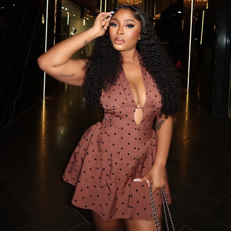 European and American style cross-border printed polka dot women's waist hugging sexy A-line skirt pleated deep V-neck sleeveless short dress trend