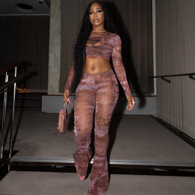 European and American style foreign trade casual slightly transparent women's fashion sexy slim fit pants set short top long pants trendy two-piece set