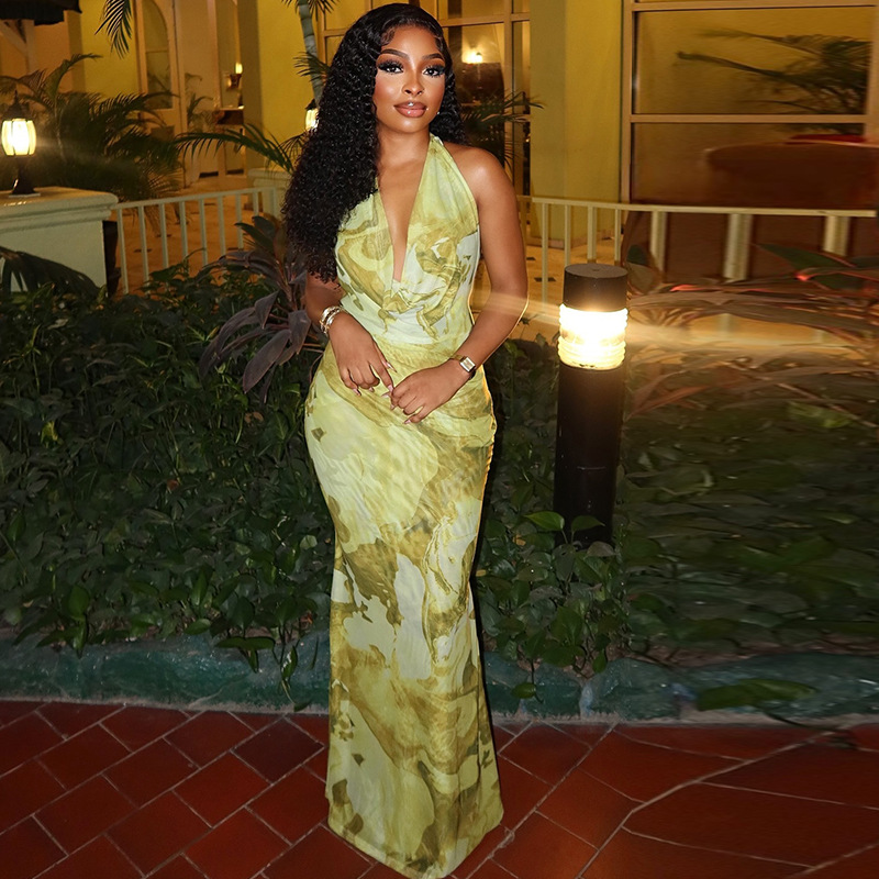 European and American style cross-border fresh women's fashion print backless elegant fishtail skirt slim fit deep V-neck hanging neck dress