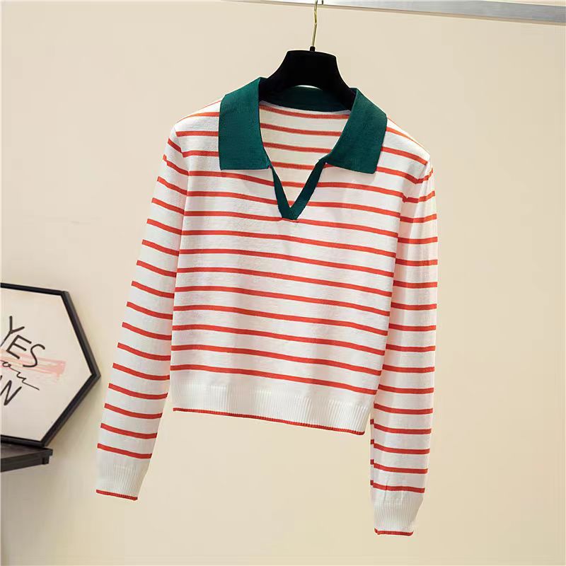 Polo collar striped sweater knitted sweater women's 2023 autumn and winter new item, lapel base shirt, V-neck short inner top