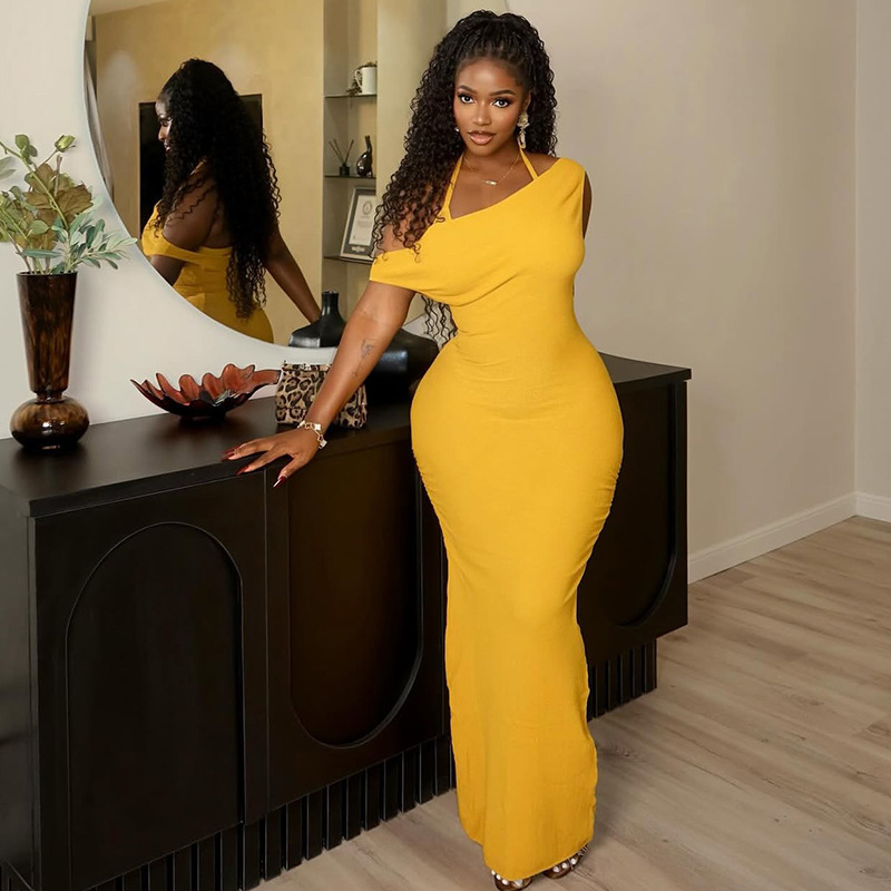 European and American style cross-border temperament women's slim fit, hip hugging, elegant one-step skirt, backless hanging neck, solid color slit long dress