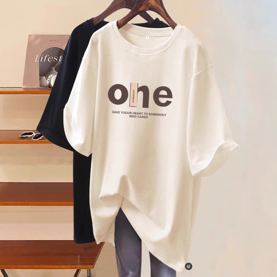 2025 summer European style fashion, age reduction, missing lower body, short sleeved T-shirt, women's loose large version, medium long top, ins trend