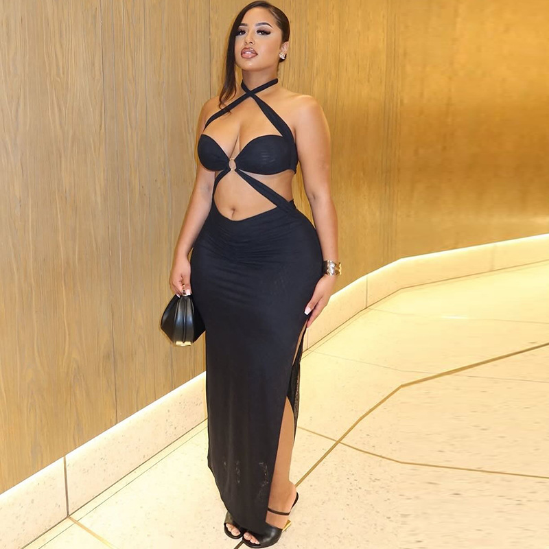 European and American style cross-border fashion slim fit split bag hip skirt pleated sexy hanging neck backless long dress solid color women's clothing