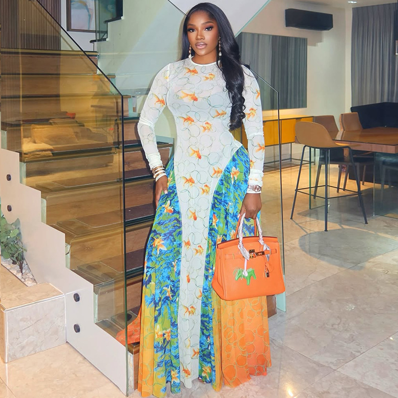 European and American style Instagram cross-border fashion splicing women's printed street commuting A-line skirt round neck long sleeved waist cinched dress