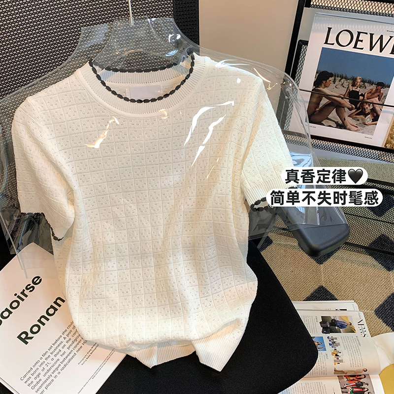 White ice silk knitted short sleeved T-shirt for women's summer 2023 new top design, niche loose round neck