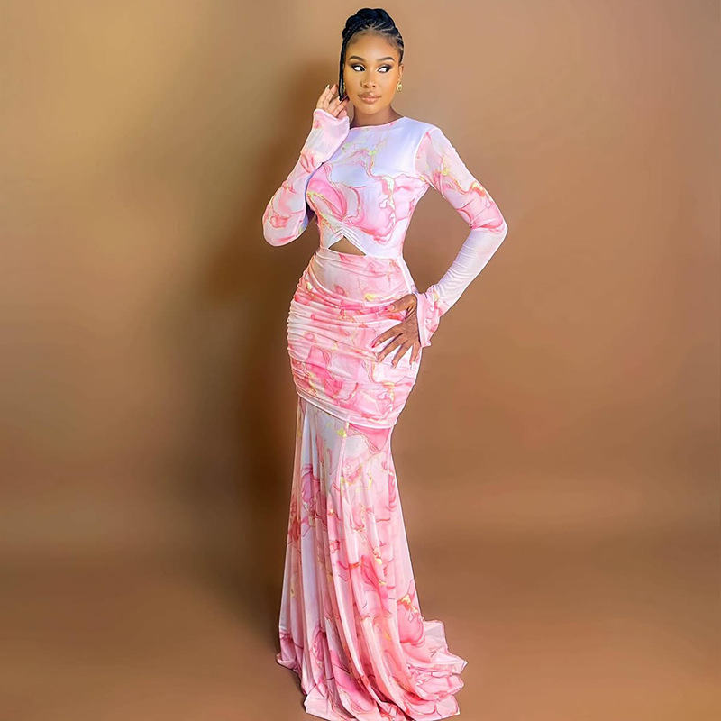 European and American style cross-border new sweet printed women's dress splicing slim fit pleated bag hip skirt high neck long sleeved dress trendy