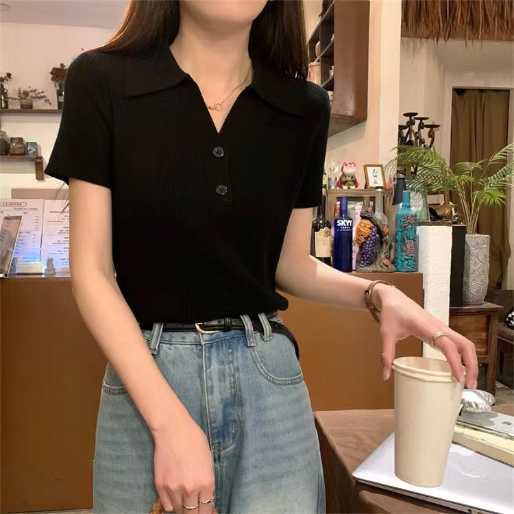 Polo neck ice silk knitted sweater women's summer short sleeved t-shirt pure desire unique and chic design sense niche short top