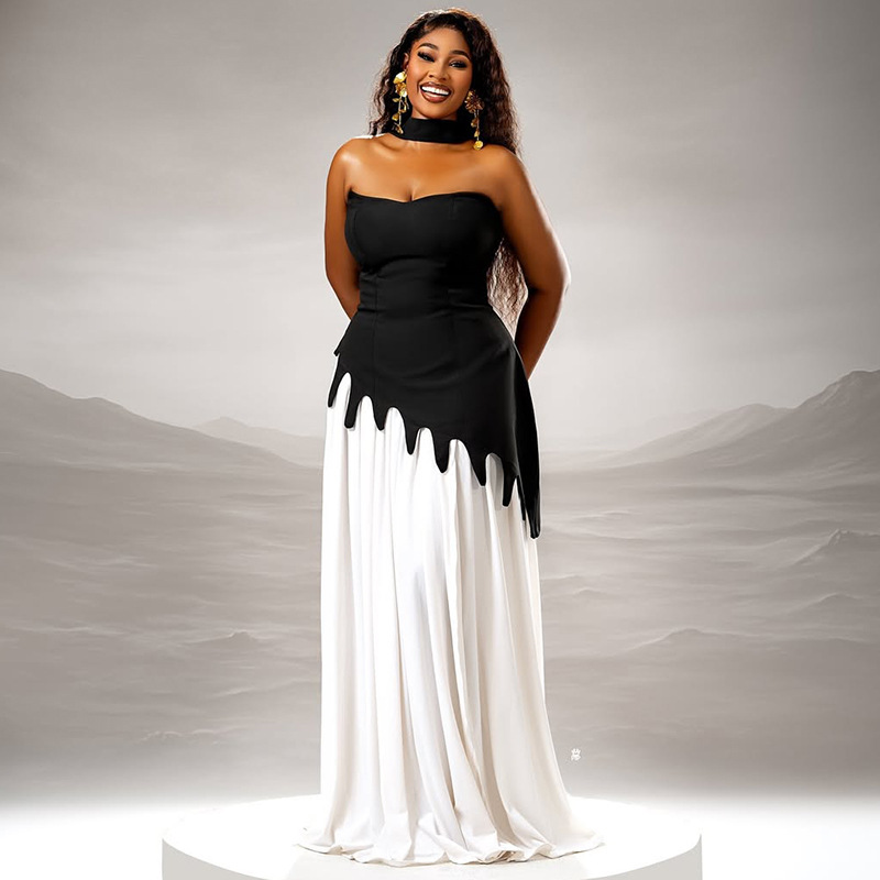 European and American style foreign trade color collision fashion women's clothing black and white temperament waist cinching patchwork skirt strapless slimming asymmetric dress