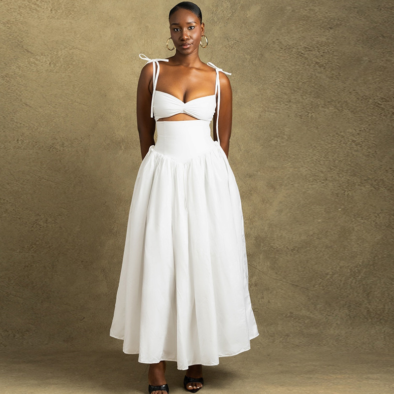 European and American style ins foreign trade women's fashion solid color dress with suspender, off shoulder, sleeveless skirt, dress