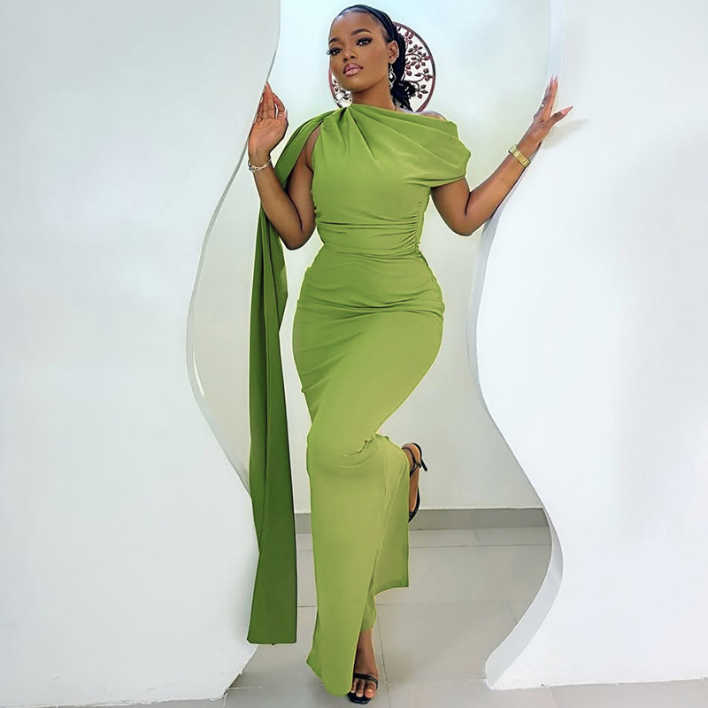 European and American style foreign trade cross-border temperament fashionable women's clothing slim fit elegant one step skirt diagonal collar solid color single shoulder long dress