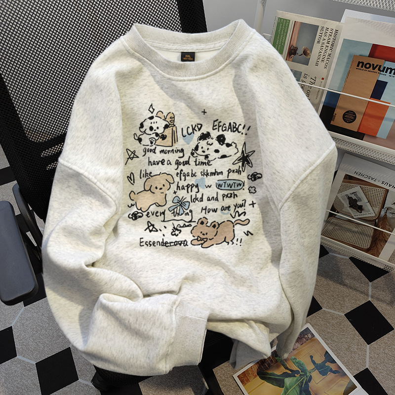 American cute cartoon printed white gray round neck hoodie for women in spring and autumn, loose oversized couple top, trendy brand