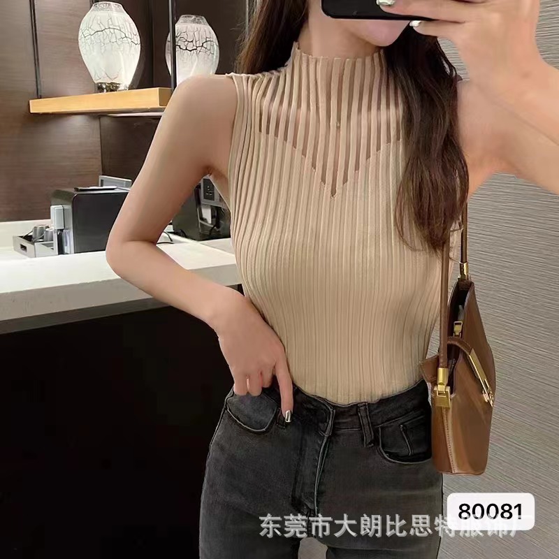 Korean Chic Hollow Knitted Small Tank Top Summer New 2024 Fashionable Design Half High Collar for Women to Look Thin Undercover Korean Chic Hollow Knitted Small Tank Top Summer New 2024 Fashionable Design Half High Collar for Women to Look Thin Undercover