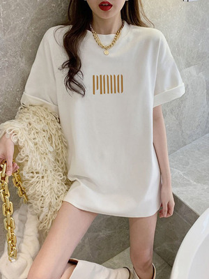 Design sense niche Korean version medium long short sleeved t-shirt for women loose fitting upper clothing 2023 summer new t-shirt ins trend