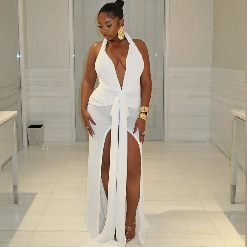 European and American style ins foreign trade women's clothing solid color sexy sleeveless hanging neck tie backless slit temperament long skirt