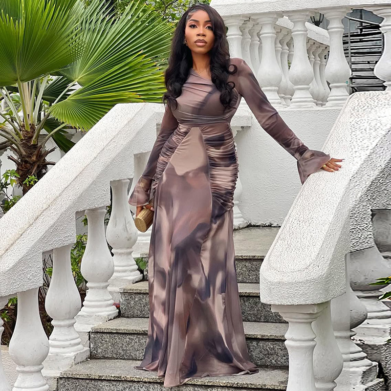 European and American style foreign trade women's clothing design, fashionable gradient waist fold wrap skirt, temperament slanted collar long dress, trendy