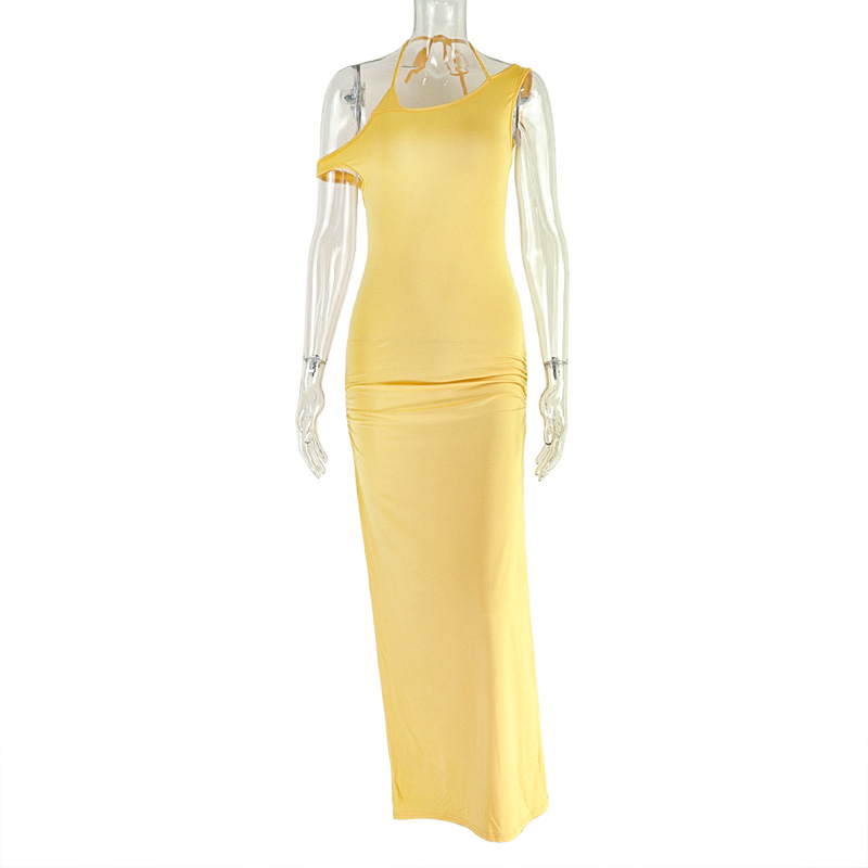 European and American style cross-border temperament women's slim fit, hip hugging, elegant one-step skirt, backless hanging neck, solid color slit long dress European and American style cross-border temperament women's slim fit, hip hugging, elegant one-step skirt, backless hanging neck, solid color slit long dress