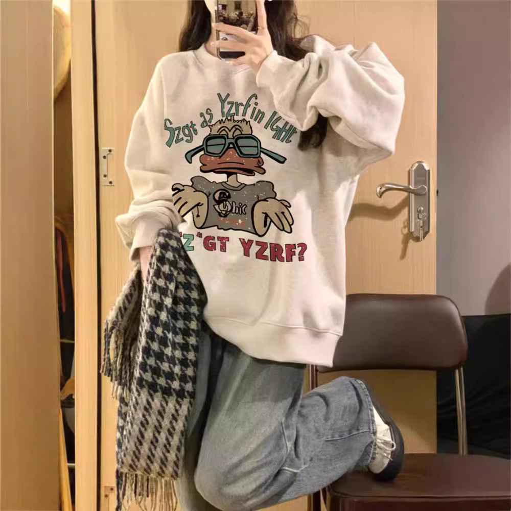 Round neck hoodie for women, small stature, spring and autumn thin style, American retro and lazy style, loose and hooded long sleeved, with trendy clothing on top